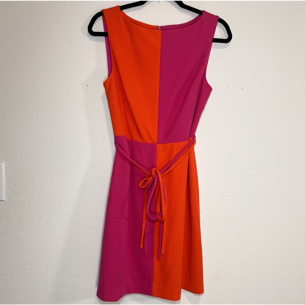 Trina Turk Coco Dress Size 8 Pink Orange Colorblock Sunset Sleeveless Tie Belt - Picture 2 of 12